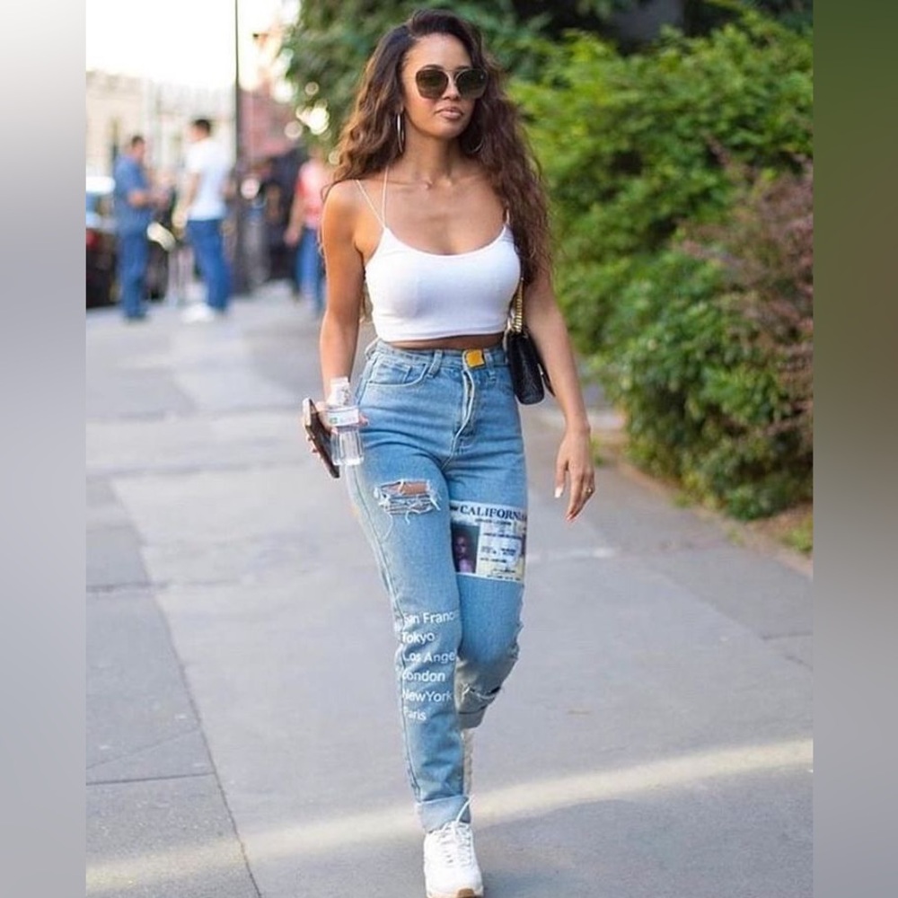 Women's Light Blue Distressed Graphic Jeans